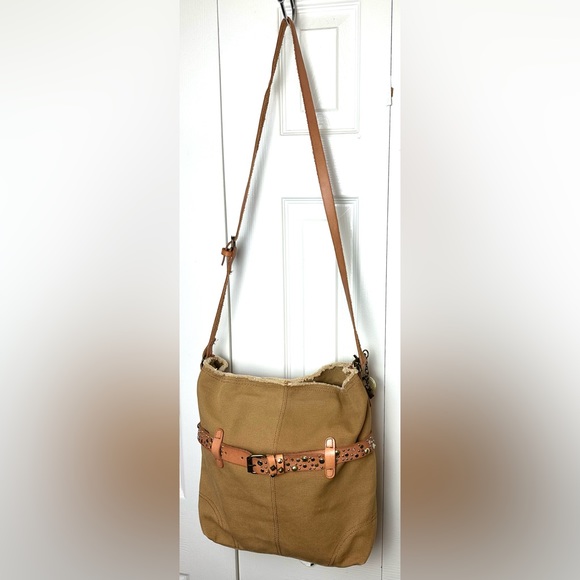 LUCKY BRAND Calexico Crossbody Purse Canvas Leather Studded Camel Tan Brown - Picture 2 of 16
